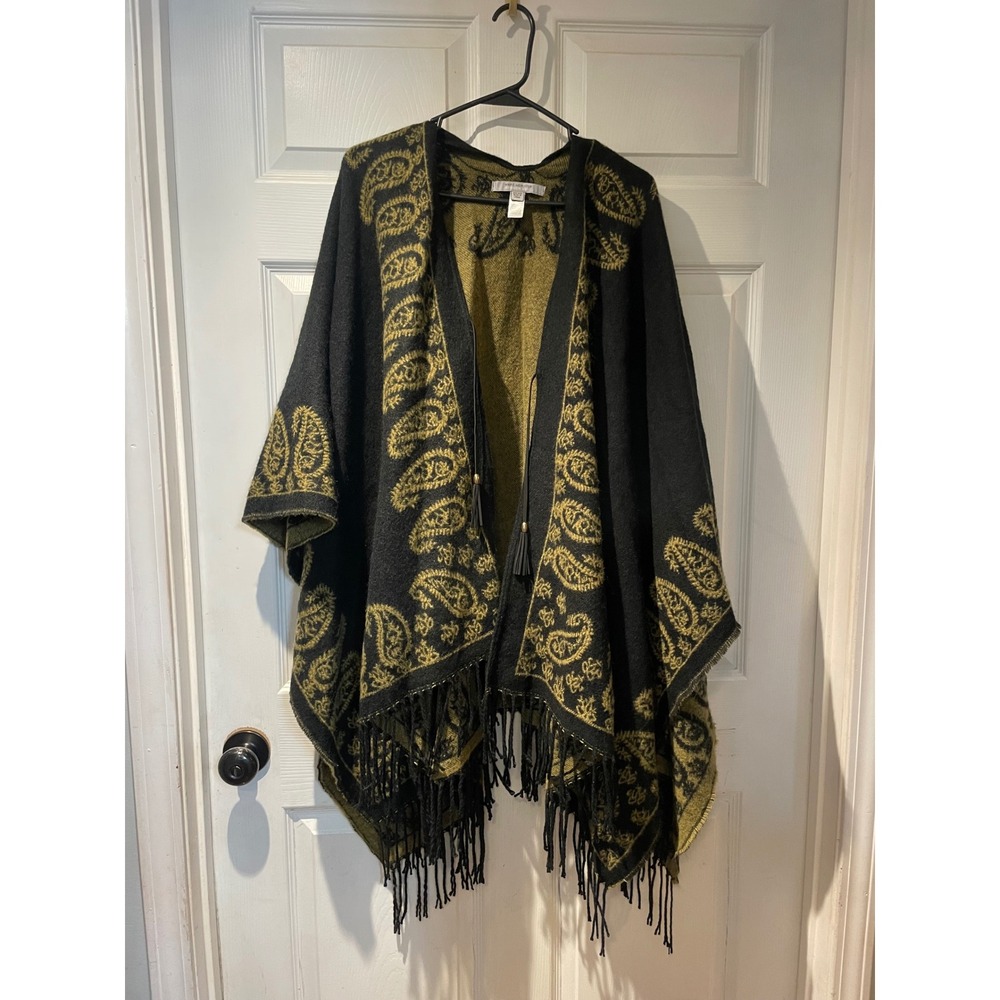 Marc New York Andrew Marc Paisley Knit Poncho Wrap Black Olive Green Tassel OS